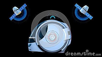 Autonomous transportation pod, electric self-driving vehicle with two satellites on black background, futuristic car, side view Stock Photo