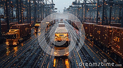 Autonomous trucks navigating busy shipping yard, surrounded by containers and cranes, create dynamic scene of modern logistics and Stock Photo