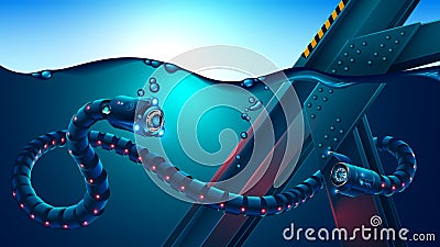 Autonomous underwater robot snake surveys underwater metal constructions. Biomorphic mechanism explores ocean in autonomous mode Vector Illustration