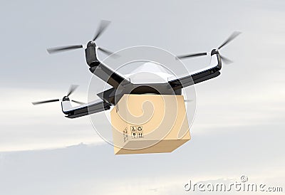 Autonomous unmanned drone delivering cardboard box in the sky Stock Photo
