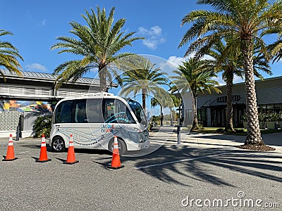 An autonomous vehicle called Beep at a shuttle stop in Lake Nona Editorial Stock Photo