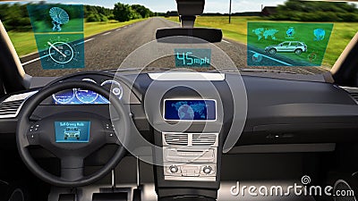 Autonomous vehicle, driverless SUV car with infographic data driving on the road, inside view, 3D render Stock Photo