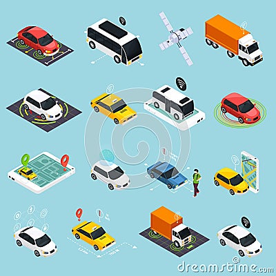 Autonomous Vehicle Isometric Icons Set Vector Illustration