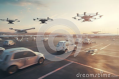 autonomous vehicle navigates through busy airport, with drones and other aircraft flying overhead Stock Photo