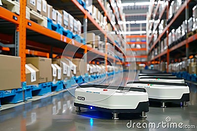 Autonomous Warehouse Robots Efficient Logistics, Automated Material Handling Stock Photo