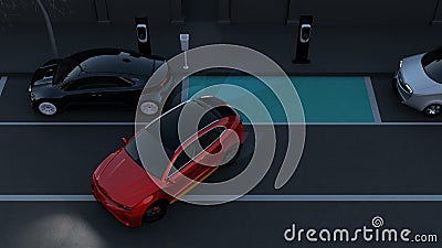 Autonoom SUV is parallel parkeren in parkeerterrein bij kant van de weg met grafische elementen stock illustratie Autonoom SUV is parallel parkeren in parkeerterrein bij kant van de weg met grafische elementen stock illustratie