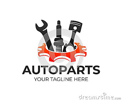 Autoparts in gear, auto piston, spark plug and wrench, logo design. Automotive parts, automobile detail and repairing car, vector Vector Illustration