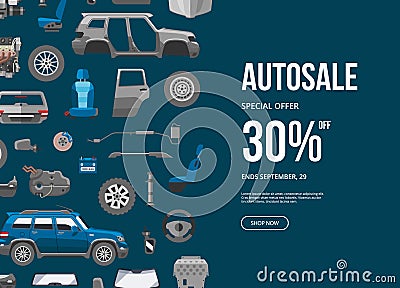 Autosale special offer banner. Car service discount vector illustration. Car detail, repair, gear brake, seat Vector Illustration