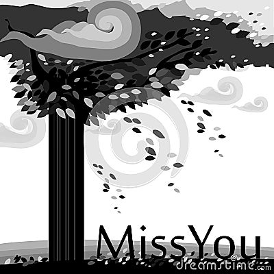 Autum Tree falling leaves miss you black and white illustration vector Vector Illustration