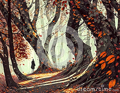 Autum walk - AI generated art Cartoon Illustration