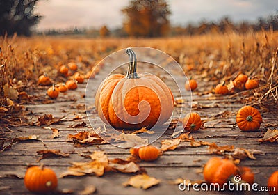 Autumm pumpkin harvest and leaves on the ground. Stock Photo