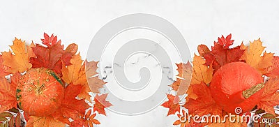 Autumn abstract composition with maple leaves, pine cones, nuts,pumpkins and rowan berries, still life, Thanksgiving concept, Stock Photo