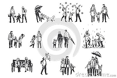 Autumn activities, people in demi-season clothes concept sketch. Hand drawn isolated vector Vector Illustration