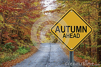 Autumn ahead cautionary road sign against a fall background Stock Photo