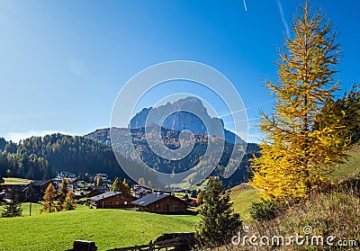 Autumn alpine Dolomites rocky mountain scene, Sudtirol, Italy. Peaceful view near Wolkenstein in Groden, Selva di Val Gardena Stock Photo