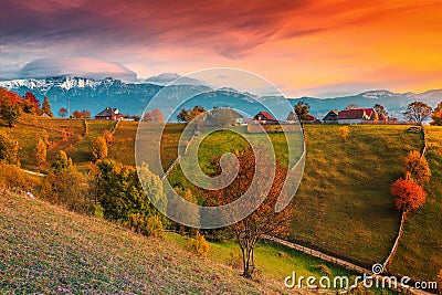 Autumn alpine rural landscape near Brasov, Magura village, Transylvania, Romania Stock Photo