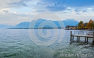 Autumn Alps mountain lake Mondsee view, Salzkammergut, Upper Austria Stock Photo