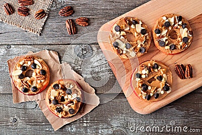 Autumn apple rounds downward view on rustic wood Stock Photo