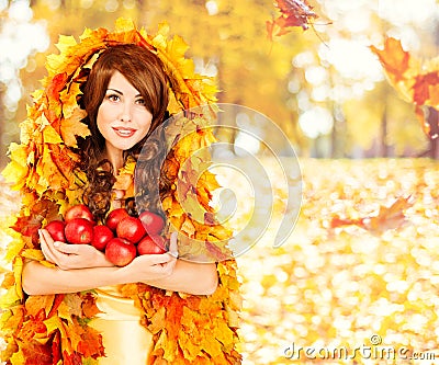 Autumn Apples, Fashion Woman Fruits Fall Leaves Clothes Stock Photo