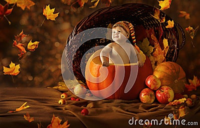 Autumn Baby Pumpkin. Little Kid Artistic Portrait Stock Photo