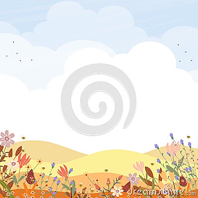 Autumn Background,Autumnal Landscape with flowers,Mountain,Blue Sky and Clouds,Horizon Fall scenery rural in countryside,Vector Cartoon Illustration