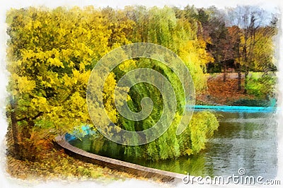 Autumn background beautiful colorful landscape nature park with trees in watercolor artistic style pattern. Stock Photo