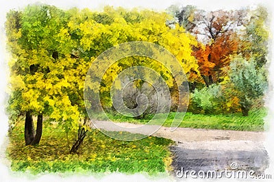 Autumn background beautiful colorful landscape nature park with trees in watercolor artistic style pattern. Stock Photo