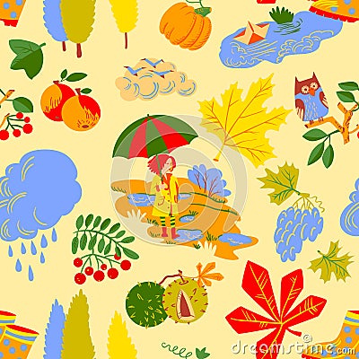 Autumn background design as landscape with girl with umbrella Vector Illustration