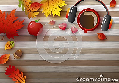 Autumn background design of coffee cup and earphone with leaves Vector Illustration