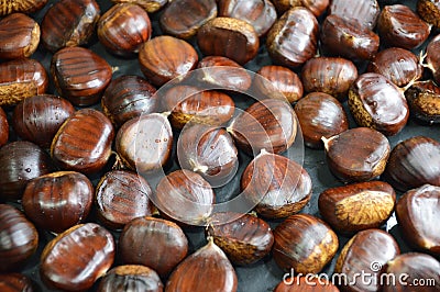 Autumn background with edible chestnuts Stock Photo