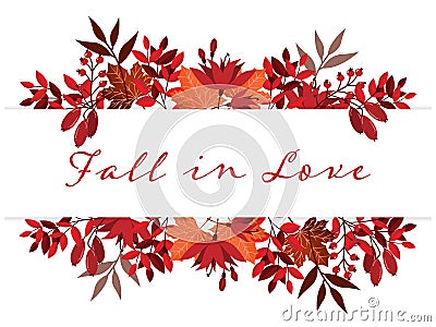 Autumn background with Fall in Love text on autumn leaves frame Vector Illustration