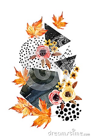 Hand drawn falling leaf, doodle, water color, scribble textures for fall design. Cartoon Illustration