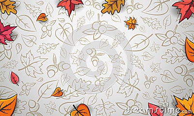 Autumn background. Falling leaves on white background. Pattern with acorns, berries and autumn leaves Vector Illustration
