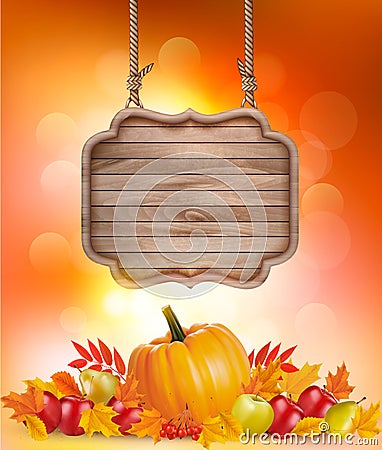 Autumn background with fruit and leaves and wooden sign. Vector Illustration