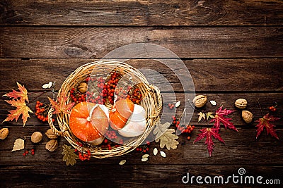 Autumn background with leaves and pumpkins, thanksgiving and halloween card Stock Photo