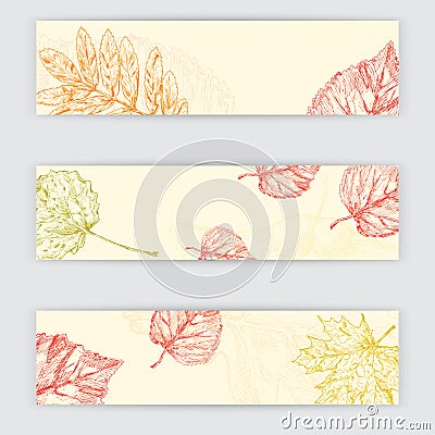 Autumn background with leaves for web-design. Autumn banners. Hand drawn illustration Cartoon Illustration