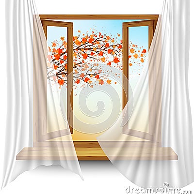 Autumn background with open window and colorful leaves Vector Illustration