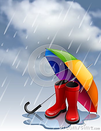 Autumn background with rainbow umbrella and red gumboots Vector Illustration