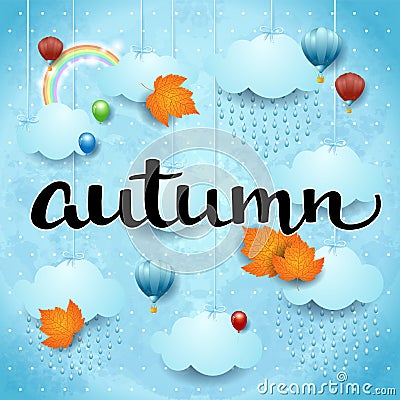Autumn background with sky, leaves and watercolor calligraphy Cartoon Illustration