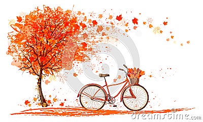 Autumn background with a tree and a bicycle. Vector Illustration