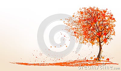 Autumn background with a tree and golden leaves. Vector Illustration