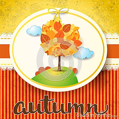 Autumn background with tree and watercolor calligraphy Cartoon Illustration