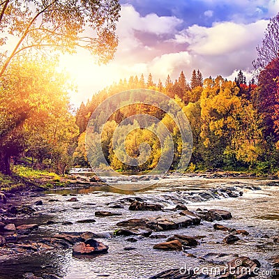 autumn background. wonderful autumn landscape over the mountain river Stock Photo