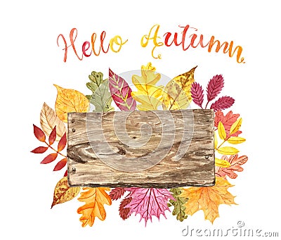 Watercolor Autumn banner with hand painted wood sign and colorful tree leaves, isolated. Fall holidays background Stock Photo