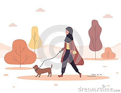 Autumn background. Young arab woman in hijab walks with dog through the woods. Concept happy girl in brown coat with Vector Illustration