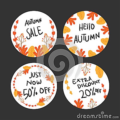 Autumn circles badges collection with dry leaves and flowers Vector Illustration