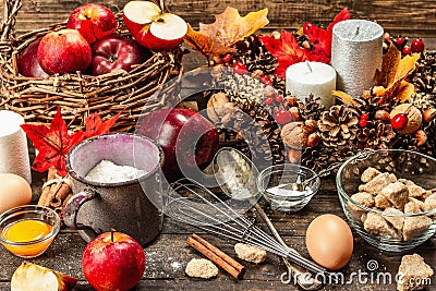 Autumn baking concept. Kitchen utensil, set of ingredients, seasonal decor Stock Photo