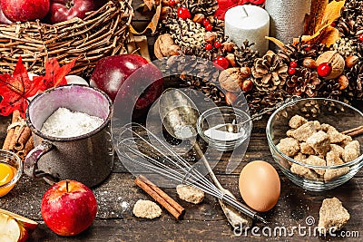 Autumn baking concept. Kitchen utensil, set of ingredients, seasonal decor Stock Photo