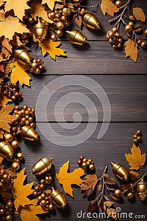Autumn banner background with golden acorns and golden oak leaves on wooden background Stock Photo