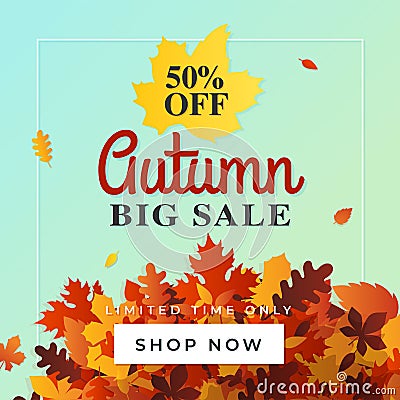 Autumn big sale background vector. 50% off fall discount flyer template. Online shop banner, card, label, poster promotion design. Stock Photo